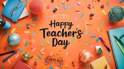 Happy Teachers Day banner and artsy configuration of teachers day motifs over a vivid orange backdrop and space, Generative AI. - Powered by Adobe