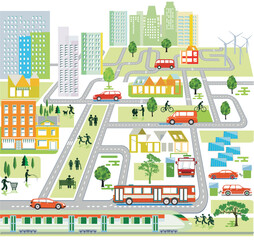 Stadtübersicht mit Verkehr und Häusern, Information illustration