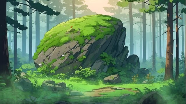 Experience the serene beauty of anime-style scenery featuring majestic moss-covered rocks in the forest, illuminated by sunlight as butterflies dance through the air, in stunning 4K video