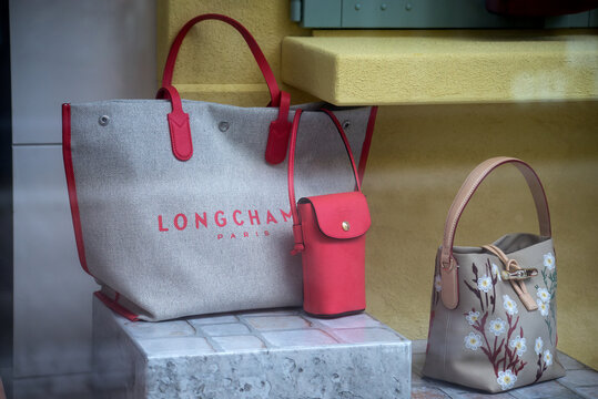 Mulhouse - France - 24 march 2024 - closeup of longchamp bag in a luxury fashion store showroom