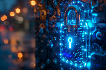 Network technology digital security lock with neon blue, padlock digital secure certificate symbol connection between web browser and server in encrypted