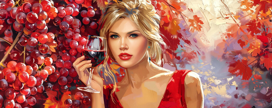 Artistic illustration in watercolor style of a banner for a wine festival with an image of bunches of grapes, a woman holding a glass of wine. The image shows space for text