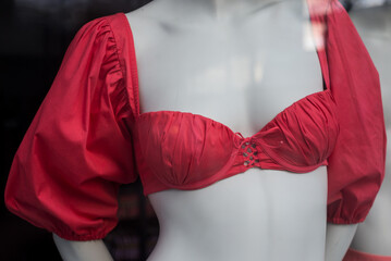 closeup of red bra on mannequin in a fashion store showroom - 766924016