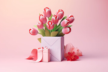 Obraz premium 3D Mother's Day Card. Gift Box with Pink Tulip Flowers. Blank Copy Space for Text, Mockup for Mother's Day, Women's Day, Wedding, Anniversary Banners, and Greeting Cards.