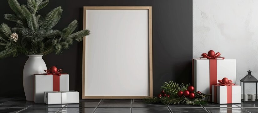 Christmas decorations indoors including a blank wooden picture frame on a dark tiled floor, pine tree branches in a vase, gift wrapping papers, and a white hallway backdrop.
