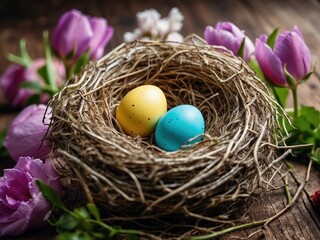 Bird nest full of painted colorful easter eggs surrounded by beautiful flowers. Pasqua basket with painted eggs festive closeup photography illustration concept. Traditional holiday celebration.