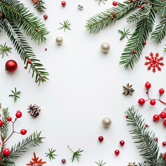 christmas decorations on a white background with copy space, in the style of boldly textured surfaces, nature