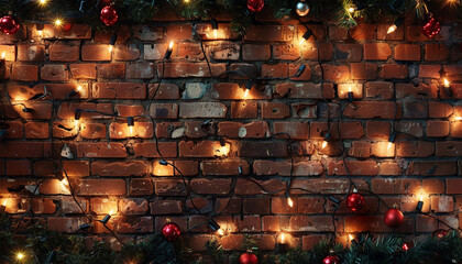 photo realistic christmas lights laid out beautifully for top down photo dim lighting brick background - obrazy, fototapety, plakaty