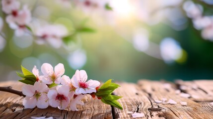 Sunlit cherry blossoms on rustic wood. Warm sunlight filters through delicate cherry blossoms resting on a rustic wooden plank, invoking a feeling of spring
