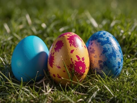 Three painted colorful easter eggs laying in the green fresh spring grass. Pasqua painted eggs festive closeup photography illustration concept. Traditional holiday celebration wallpaper.