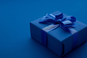 Fototapeta premium Realistic cobalt blue gift box on cobalt blue background, studio lighting, dof, blue overtones