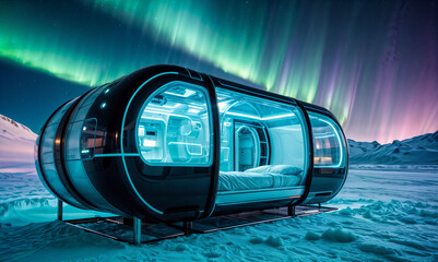 large round pod-like structure with a glass front is on a snowy surface. The structure has a bed inside. The background shows the Northern Lights. - 766925224