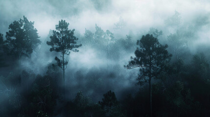 Mystical Fog Enveloping Dense Forest - obrazy, fototapety, plakaty