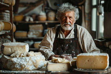 Artisan cheese maker with a variety of cheeses in a traditional cheese shop. Handcrafted produce and gourmet food concept for design and print. Portrait of a craftsman in a rustic setting