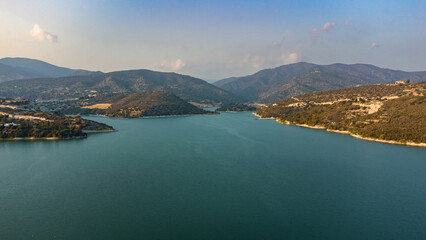 Obraz premium Aerial view of the Germasogeia Reservoir in Cyprus.