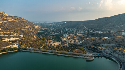 Aerial view of the Germasogeia Reservoir in Cyprus.