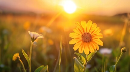 field of sunflowers at sunrise AI generated image. - obrazy, fototapety, plakaty