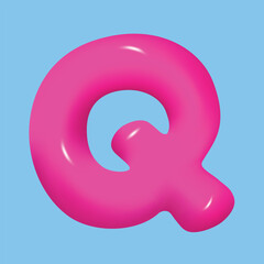 bubble font. glossy 3d pink super bubble font in plastic style. Alphabet font Q. inflated balloon letters. trendy english type. realistic vector illustration