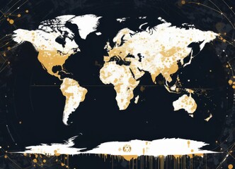 This abstract map portrays global activity in cryptocurrency with splashes of gold on a dark backdrop. The dynamic design represents the volatile nature of digital currencies. AI generation