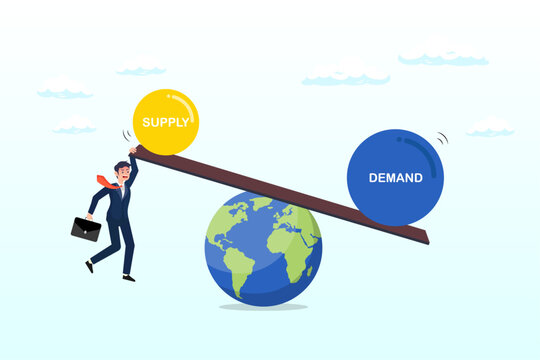 Businessman holding seesaw balance of demand and supply on the globe, demand vs supply balance, world economic supply chain problem, market pricing model for goods and service, cost or retail (Vector)