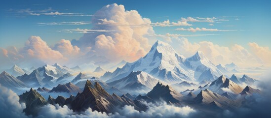 An art piece depicting a snowy mountain range with clouds hovering in the sky, creating a serene natural landscape with cumulus formations - Powered by Adobe