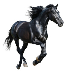 Obraz na płótnie Canvas Majestic black horse galloping freely on transparent background - stock png.