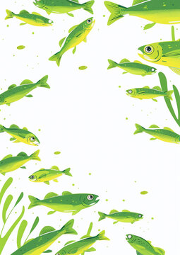 A template for a flyer, white background, a few cartoon green zebrafish danio rerio along the outside