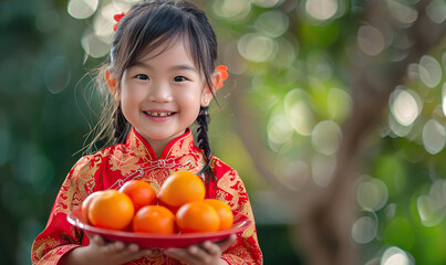 A young girl wearing a red Chinese dress is holding a red plate with oranges on it. She is smiling and she is happy