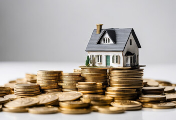 a mini house on top a gold coins, white background, highly detailed. financial concept