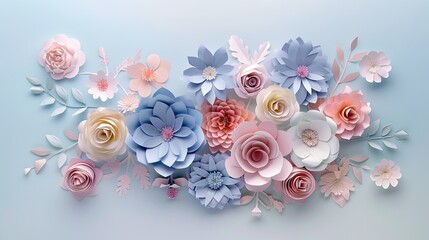 Colorful Spring Paper Craft Flower Bouquet, Top View Isolated on Pastel Background. Perfect Artwork for Greeting Cards with Copy Space