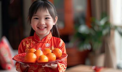 A young girl wearing a red Chinese dress is holding a tray of oranges. She is smiling and she is happy