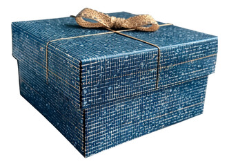 Navy blue textured gift box with jute twine, cut out - stock png.