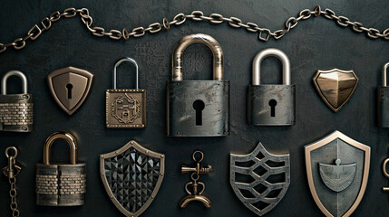 Padlocks, Chains, and Shields Symbolizing Cybersecurity Protection