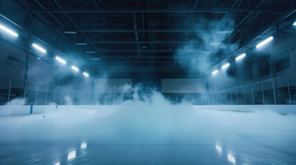 A large indoor ice rink with a foggy mist in the air. The mist is coming from a machine that is spraying water onto the ice