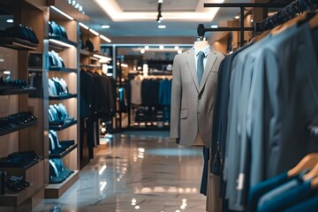 Luxurious Men's Clothing Store Showcasing Stylish Apparel in a Fashionable Shopping Mall Setting. Concept Luxury Menswear, Fashion Trends, Designer Brands, Mall Shopping Experience