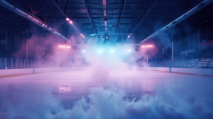 A hockey rink with smoke and lights. Scene is mysterious and exciting