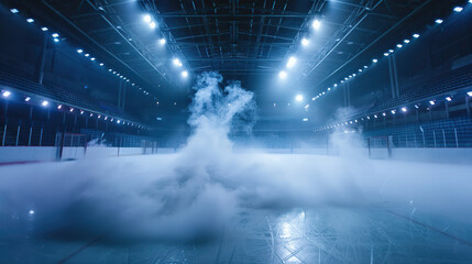 A large arena with a lot of smoke and lights