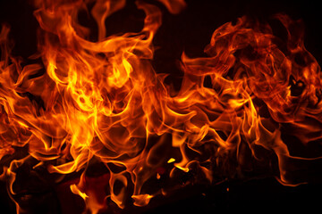 Fire blaze flames on black background. Fire burn flame isolated, abstract texture. Flaming...
