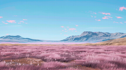 Obraz premium an alien landscape with sparse pale purple grass, flat plains, shallow foothills, hills, valleys, bright blue sky