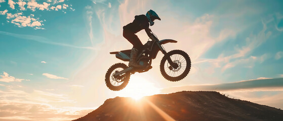 A man is riding a dirt bike and jumping over a hill. The sky is blue and the sun is shining brightly. Scene is energetic and adventurous