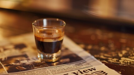 Golden Espresso Shot on Vintage News - Cozy Morning Brew - obrazy, fototapety, plakaty