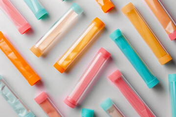 a group of empty close mockup tubes of various pastel colors scattered on a white surface.