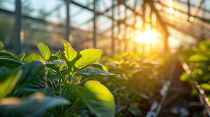A greenhouse with plants and a sun shining through the glass. The plants are green and healthy. The sun is shining brightly, creating a warm and inviting atmosphere