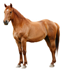 Brown horse with white forehead standing on transparent background - stock png.