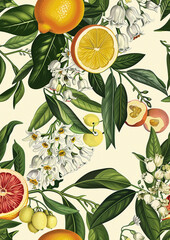 A vintage print of bergamot, lemon, grapefruit, Lilly of the valley