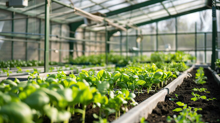 A greenhouse filled with plants, including a large number of basil plants. The plants are growing in soil and are surrounded by a clear plastic covering