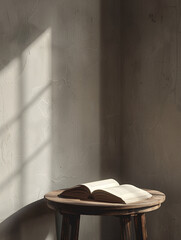 book on table, minimalist style, grey theme, cinematic
