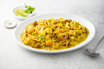 Traditional homemade paella with seafood