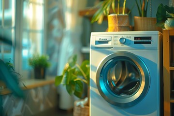 In-depth of a washing machine in an affluence, contemporary home floor modernist washing machine and space, Generative AI. - obrazy, fototapety, plakaty