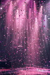 concert stage, no instruments, glitter background, metallic confetti, shades of light pink
